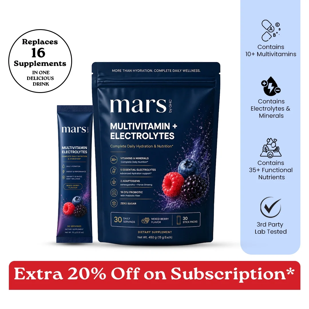 Mars Multivitamin Electrolytes Powder with Vitamins, Minerals, Adaptogens, Probiotics & Electrolytes | Mixed Berry Flavour - Daily Hydration, Energy, Recovery & Whole Body Wellness | 30 Servings